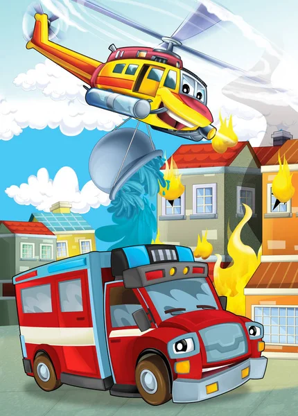 Escena de dibujos animados con diferentes máquinas de bomberos helicóptero y camión de bomberos ilustración para niños —  Fotos de Stock