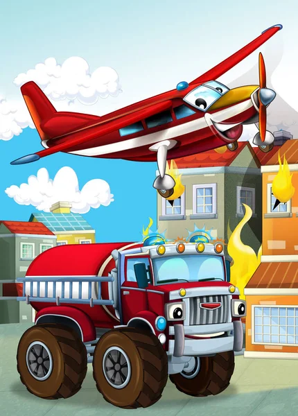 Cartoon-Szene mit verschiedenen Feuerwehrgeräten Hubschrauber und Feuerwehr-LKW Illustration für Kinder — Stockfoto