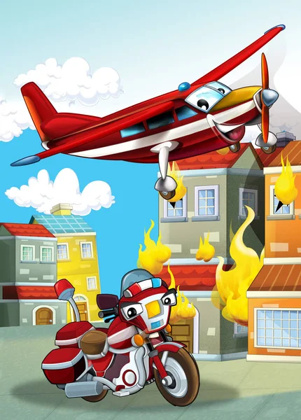 Cartoon scene with different fire fighter machines helicopter and fire brigade motorcycle illustration for children — Stock Photo, Image