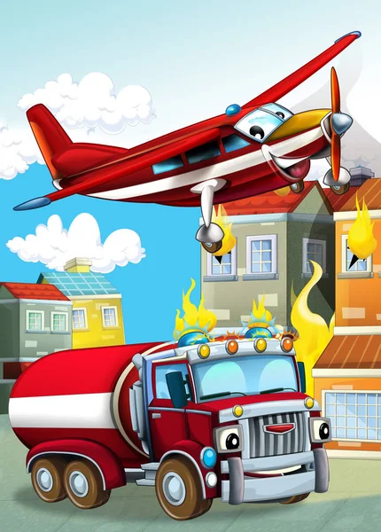 Cartoon-Szene mit verschiedenen Feuerwehrgeräten Hubschrauber und Feuerwehr-LKW Illustration für Kinder — Stockfoto