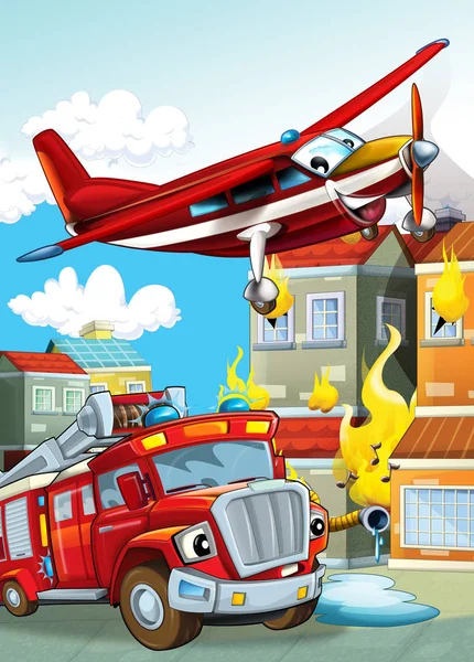 Rajzfilm jelenet különböző tűzoltó gépek helikopter és tűzoltóság teherautó illusztráció gyerekeknek — Stock Fotó