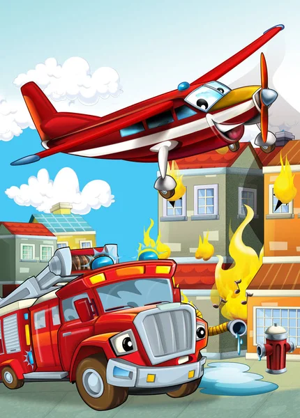Cartoon scene with different fire fighter machines helicopter and fire brigade truck illustration for children — 스톡 사진