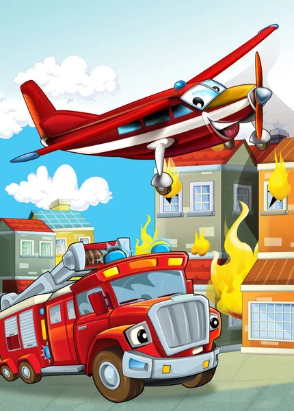 Kreslená scéna s různými hasiči stroje vrtulník a požární brigáda truck ilustrace pro děti — Stock fotografie