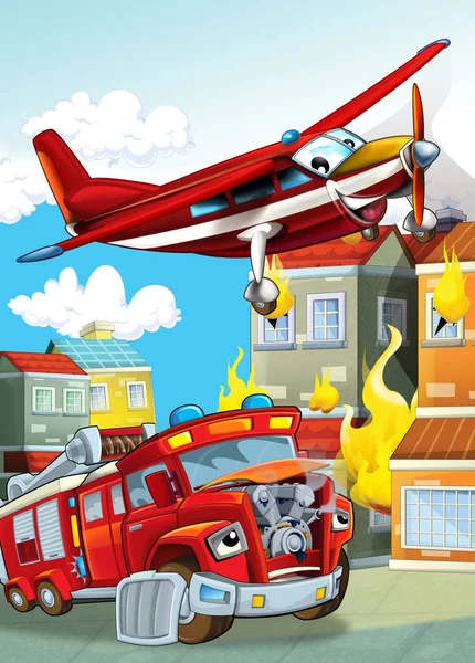 Cartoon scene with different fire fighter machines helicopter and fire brigade truck illustration for children — Stock Photo, Image