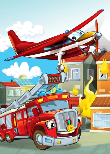 Cartoon scene with different fire fighter machines helicopter and fire brigade truck illustration for children — 스톡 사진