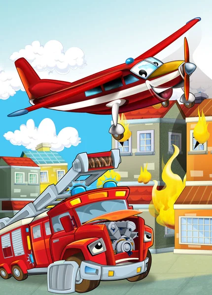 Escena de dibujos animados con diferentes máquinas de bomberos helicóptero y camión de bomberos ilustración para niños — Foto de Stock