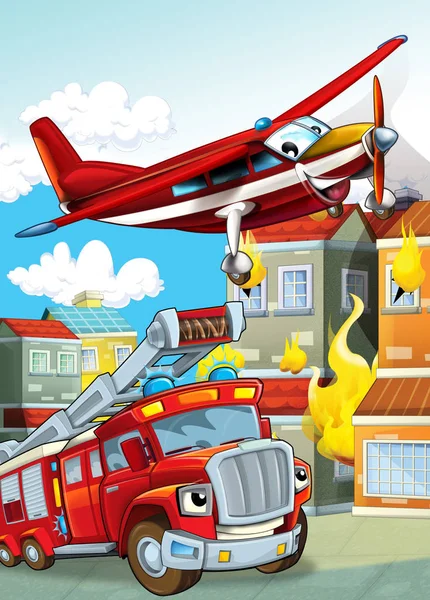 Cartoon scene with different fire fighter machines helicopter and fire brigade truck illustration for children — 스톡 사진