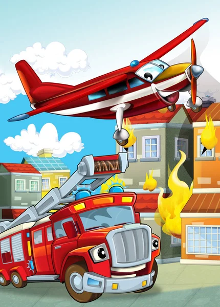 Cartoon scene with different fire fighter machines helicopter and fire brigade truck illustration for children — Stock Photo, Image