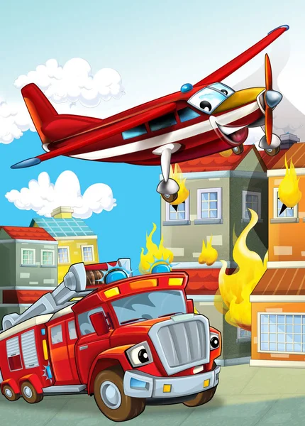 Cartoon-Szene mit verschiedenen Feuerwehrgeräten Hubschrauber und Feuerwehr-LKW Illustration für Kinder — Stockfoto