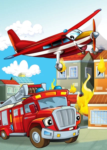 Мультяшна сцена з різними пожежними машинами вертоліт і пожежна бригада ілюстрація вантажівок для дітей — стокове фото