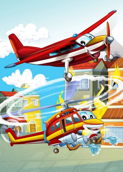 Scena dei cartoni animati con diverse macchine da fuoco elicottero e vigili del fuoco aereo illustrazione per bambini — Foto Stock
