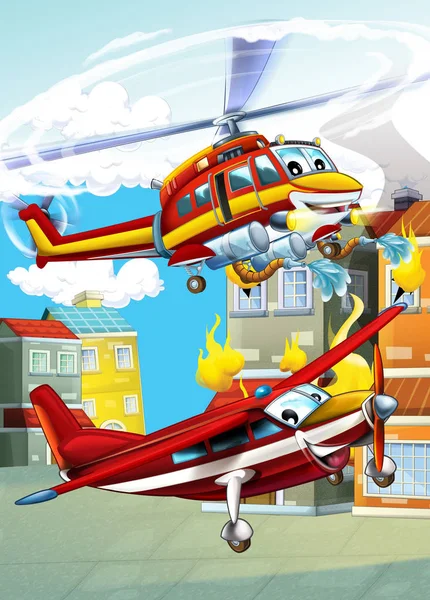 cartoon scene with different fire fighter machines helicopter and fire brigade plane illustration for children