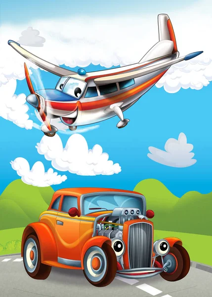 Mutlu ve komik spor arabalı çizgi film sahnesi ve çocuklar için uçak çizimi — Stok fotoğraf