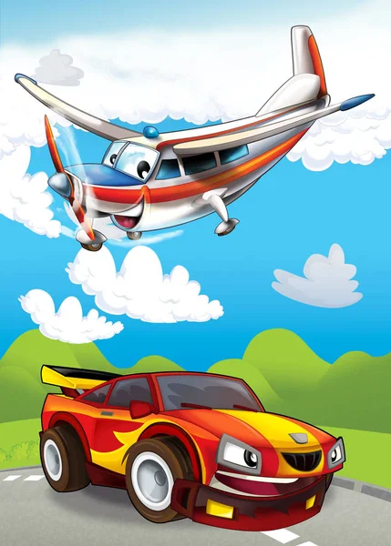 Cartoon scene with happy and funny sports car and plane illustration for children — Stock Photo, Image