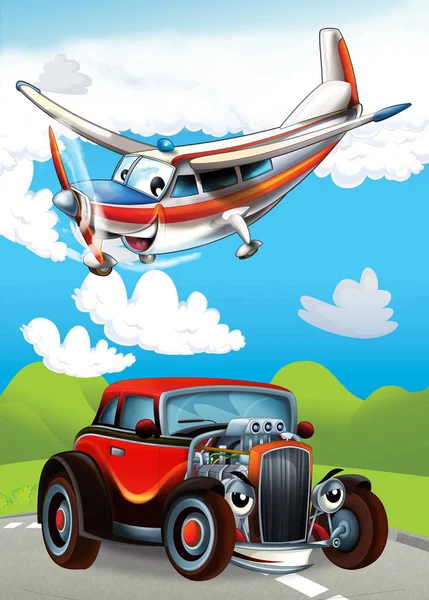 Cartoon scene with happy and funny sports car and plane illustration for children — ストック写真