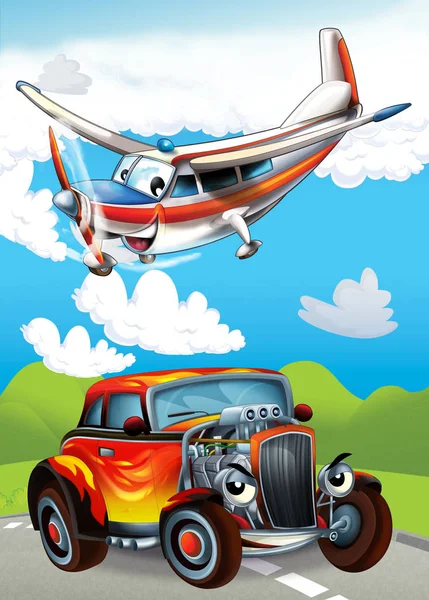 Cartoon scene with happy and funny sports car and plane illustration for children — ストック写真