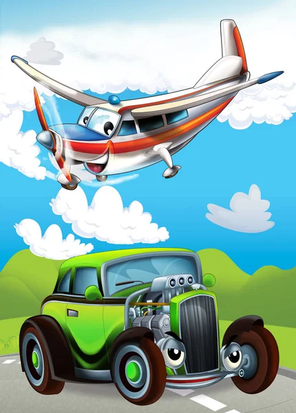 Escena de dibujos animados con coche deportivo feliz y divertido e ilustración de avión para niños —  Fotos de Stock