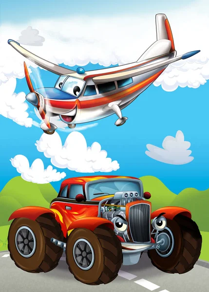Cena dos desenhos animados com carro esportivo feliz e engraçado e ilustração de avião para crianças — Fotografia de Stock