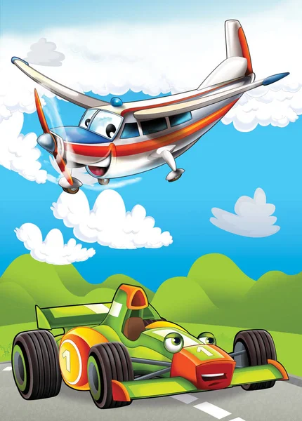 Escena de dibujos animados con coche deportivo feliz y divertido e ilustración de avión para niños —  Fotos de Stock