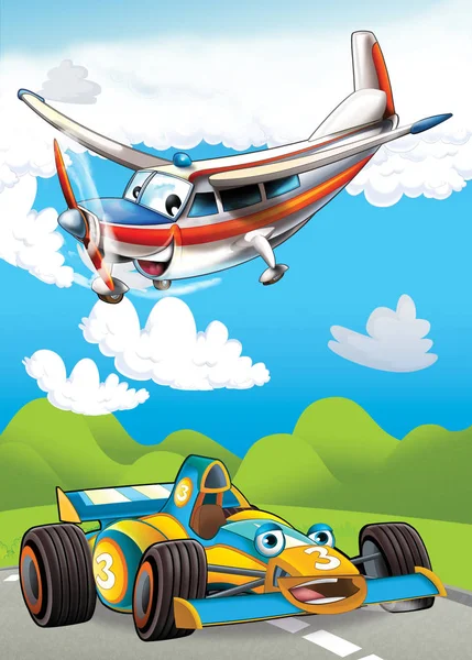 Escena de dibujos animados con coche deportivo feliz y divertido e ilustración de avión para niños —  Fotos de Stock