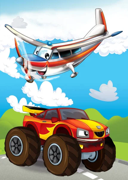 Escena de dibujos animados con coche deportivo feliz y divertido e ilustración de avión para niños — Foto de Stock