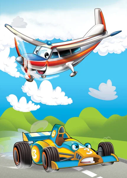 Cartoon scene with happy and funny sports car and plane illustration for children — Stock Photo, Image