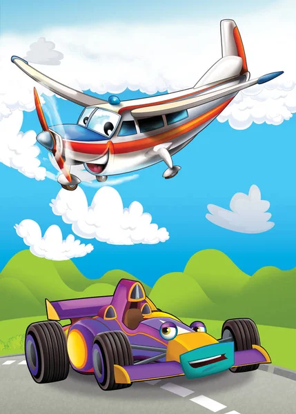 Escena de dibujos animados con coche deportivo feliz y divertido e ilustración de avión para niños —  Fotos de Stock