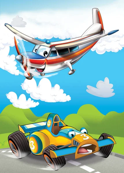 행복하고 재미있는 스포츠카와 아이들을 위한 비행기 삽화가 있는 만화 장면 — 스톡 사진