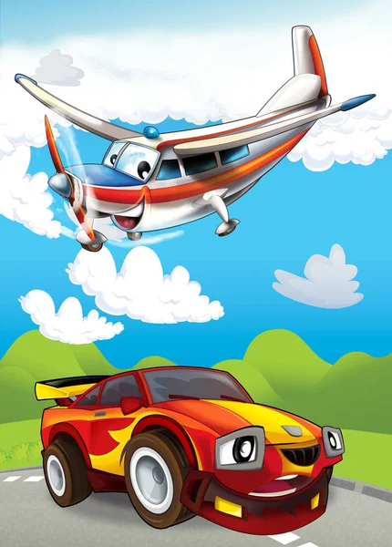 Escena de dibujos animados con coche deportivo feliz y divertido e ilustración de avión para niños —  Fotos de Stock