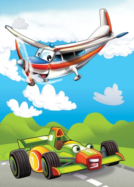 Escena de dibujos animados con coche deportivo feliz y divertido e ilustración de avión para niños —  Fotos de Stock