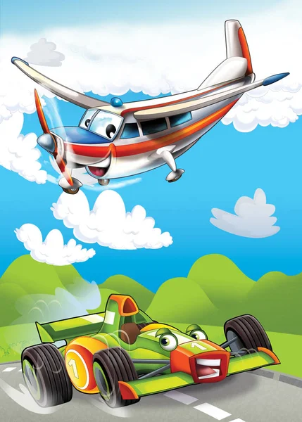 Cartoon scene with happy and funny sports car and plane illustration for children — Stock Photo, Image