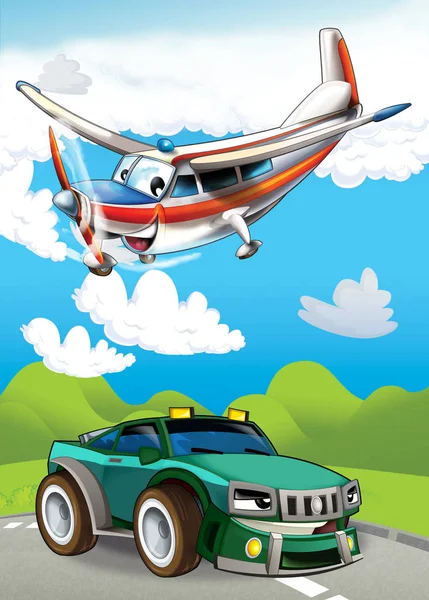 Scena del fumetto con allegra e divertente auto sportiva e aereo illustrazione per bambini — Foto Stock