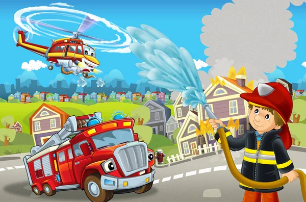 Cartoon-Bühne mit verschiedenen Geräten zur Brandbekämpfung bunte und fröhliche Szene mit Feuerwehrmann - Illustration für Kinder — Stockfoto