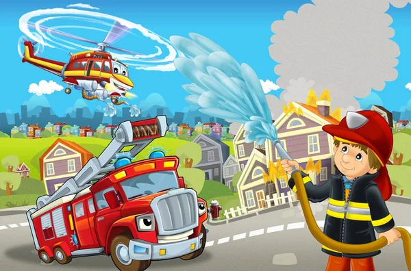 Palco dos desenhos animados com diferentes máquinas para combate a incêndios cena colorida e alegre com bombeiro - ilustração para crianças — Fotografia de Stock