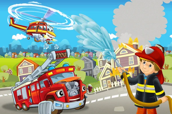 Cartoon stage with different machines for firefighting colorful and cheerful scene with fireman - illustration for children — Stock Photo, Image
