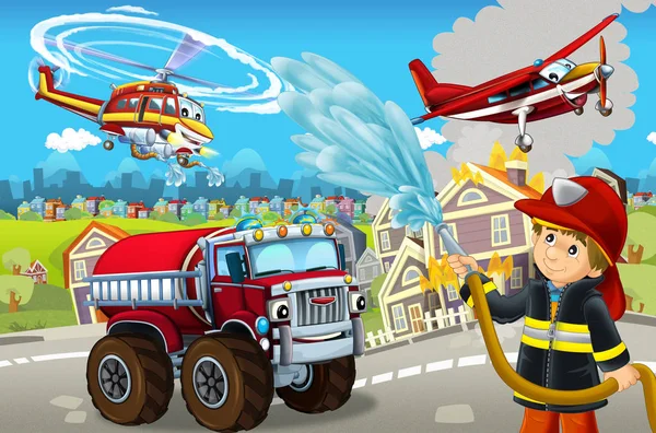 Scena kreskówek z różnymi maszynami do gaszenia pożaru kolorowe i wesołe sceny ze strażakiem - ilustracja dla dzieci — Zdjęcie stockowe
