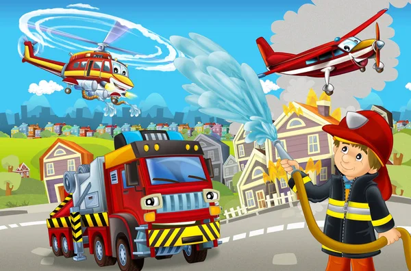 Cartoon-Bühne mit verschiedenen Geräten zur Brandbekämpfung bunte und fröhliche Szene mit Feuerwehrmann - Illustration für Kinder — Stockfoto