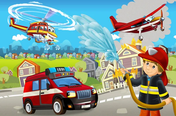 Cartoon stage with different machines for firefighting colorful and cheerful scene with fireman - illustration for children — ストック写真