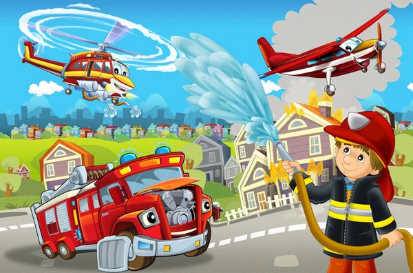 Scena kreskówek z różnymi maszynami do gaszenia pożaru kolorowe i wesołe sceny ze strażakiem - ilustracja dla dzieci — Zdjęcie stockowe