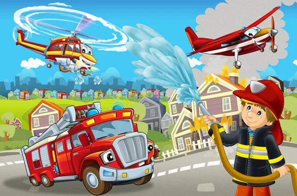 Cartoon stage with different machines for firefighting colorful and cheerful scene with fireman - illustration for children — ストック写真