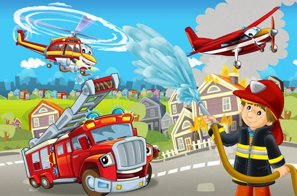 Cartoon-Bühne mit verschiedenen Geräten zur Brandbekämpfung bunte und fröhliche Szene mit Feuerwehrmann - Illustration für Kinder — Stockfoto