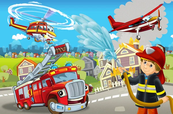 Мультяшна сцена з різними машинами для боротьби з вогнем барвиста і весела сцена з пожежником ілюстрація для дітей — стокове фото