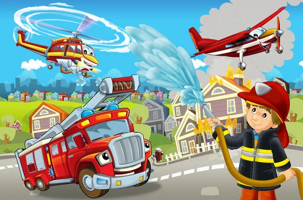 Cartoon-Bühne mit verschiedenen Geräten zur Brandbekämpfung bunte und fröhliche Szene mit Feuerwehrmann - Illustration für Kinder — Stockfoto