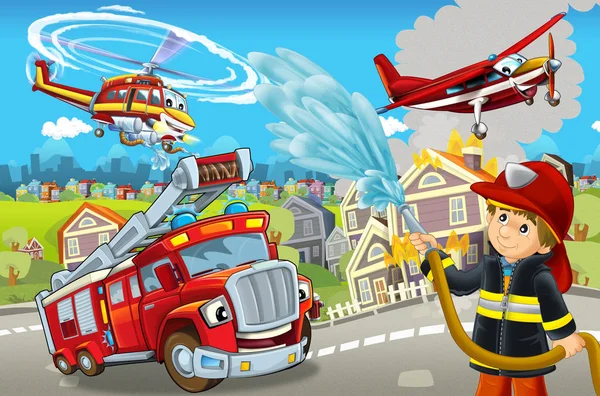 Cartoon stage with different machines for firefighting colorful and cheerful scene with fireman - illustration for children — ストック写真