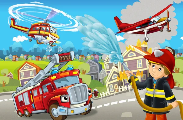 Cartoon stage with different machines for firefighting colorful and cheerful scene with fireman - illustration for children — ストック写真