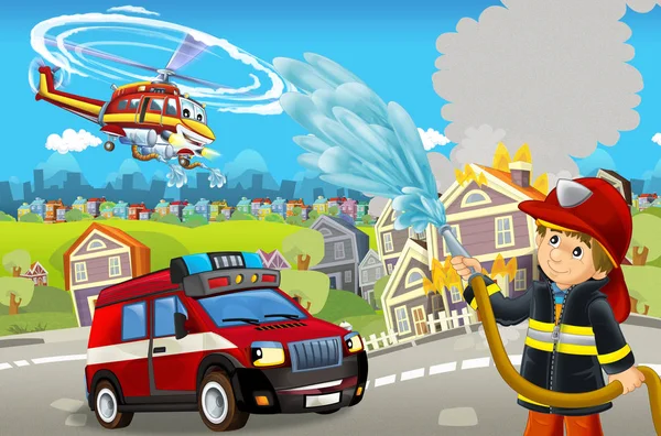 Cartoon stage with different machines for firefighting colorful and cheerful scene with fireman - illustration for children — ストック写真