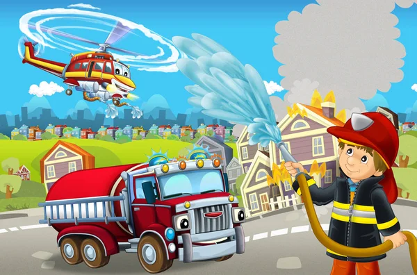 Palco dei cartoni animati con diverse macchine per la lotta antincendio scena colorata e allegra con pompiere - illustrazione per bambini — Foto Stock