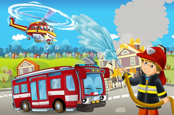 Cartoon-Bühne mit verschiedenen Geräten zur Brandbekämpfung bunte und fröhliche Szene mit Feuerwehrmann - Illustration für Kinder — Stockfoto