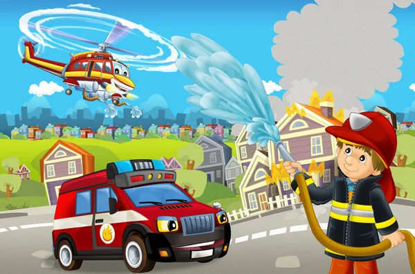 Cartoon-Bühne mit verschiedenen Geräten zur Brandbekämpfung bunte und fröhliche Szene mit Feuerwehrmann - Illustration für Kinder — Stockfoto