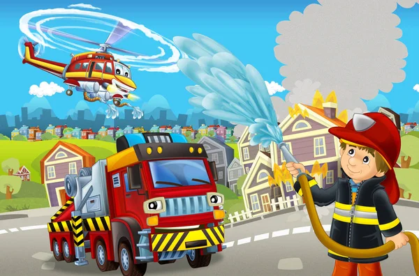 Cartoon stage with different machines for firefighting colorful and cheerful scene with fireman - illustration for children — ストック写真